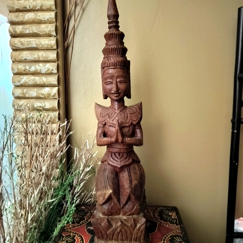 Thai Thephanom Diety Hand-Carved Wooden Statue